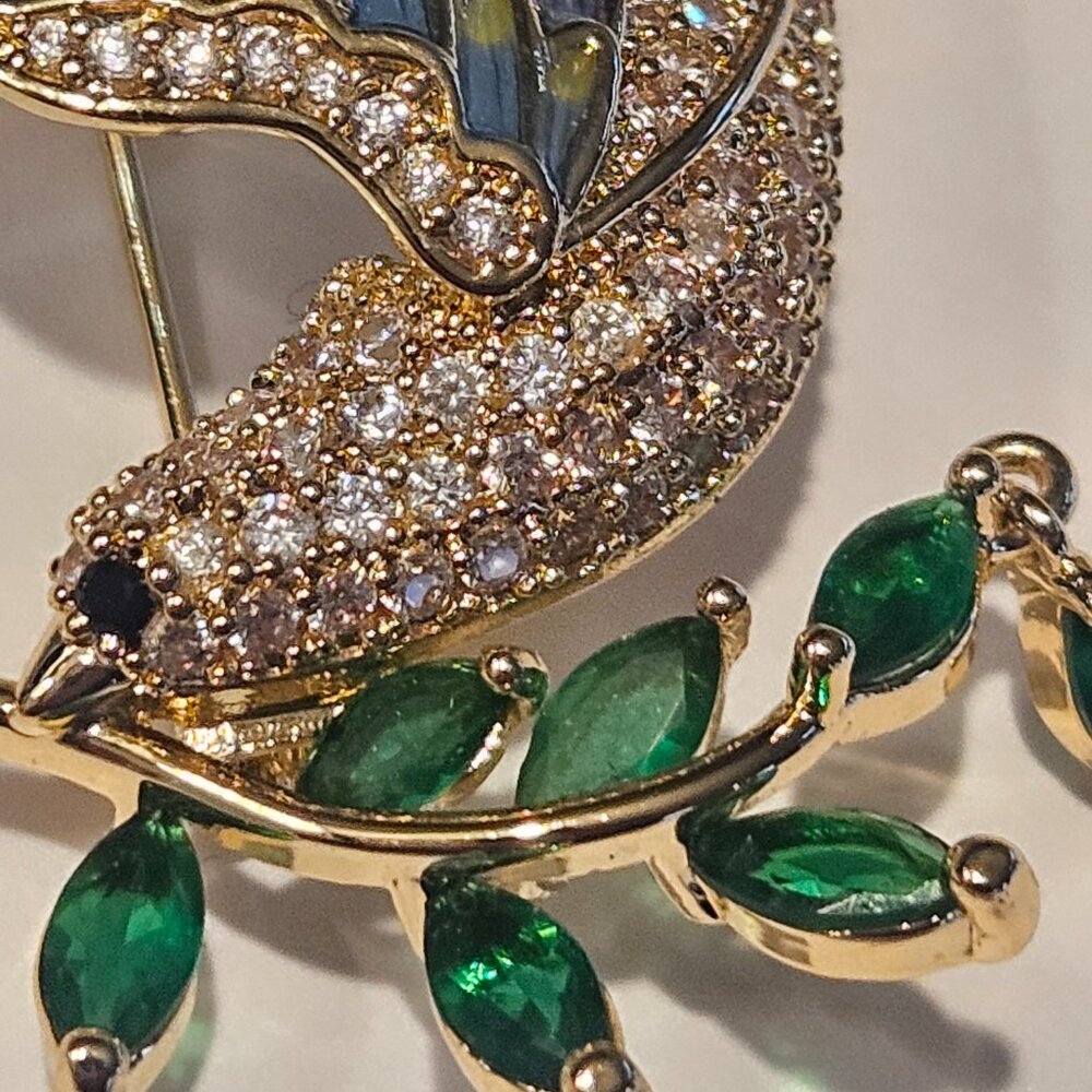 Estate Art Nouveau French Plique a Jour Colorful Bird Swallow Gold Brooch Pin 3" - Picture 3 of 6